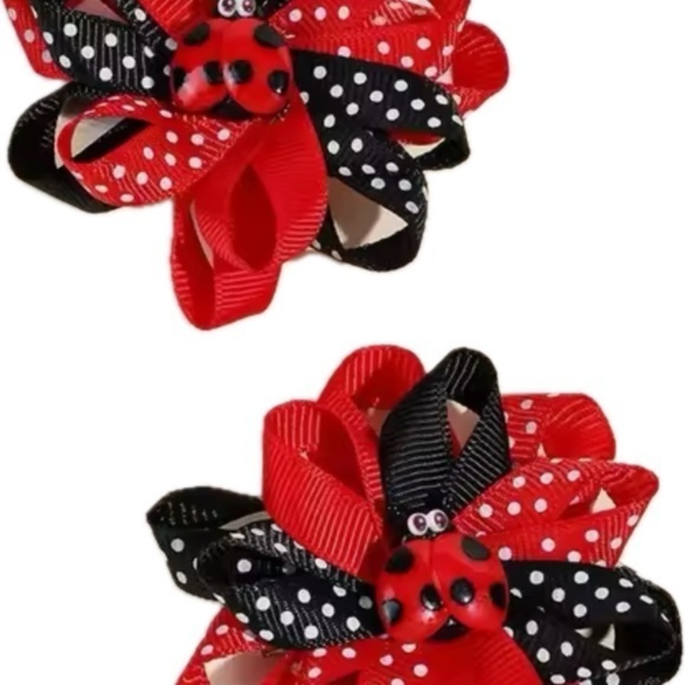 New 2 Red and Black Ladybug Hair Bows 2.8”